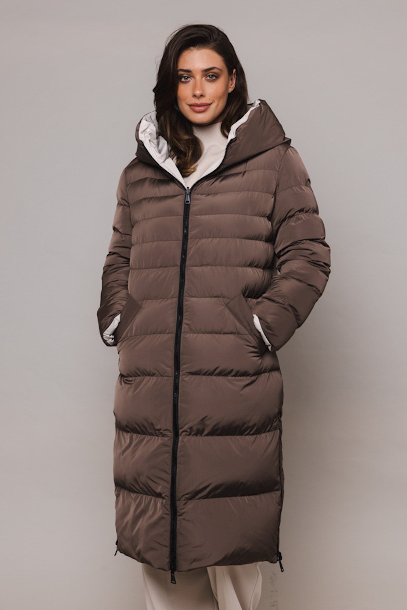 MANTEL DAMEN LONG PADDED VON RINO & PELLE IN TAUPE AND STONE MZ#00271 mode-zauber