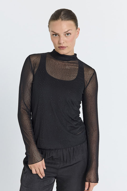 BLUSE MIT TRANSPARENTEN NETZMATERIAL VON FREE/QUENT IN SCHWARZ MZ#00992 Mode-Zauber