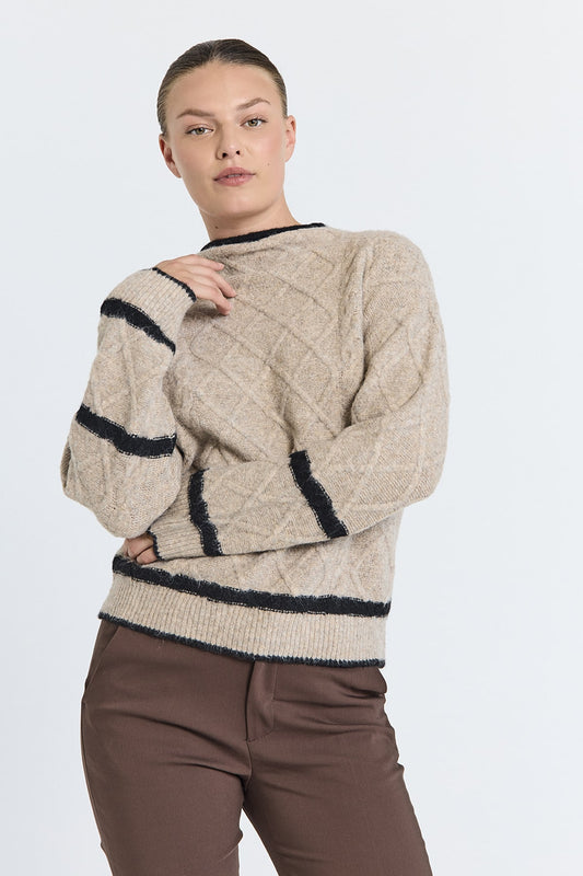PULLOVER FQHIRO VON FREE/QUENT IN DESERT TAUPE MEL. W. BLACK MZ#00956 Mode-Zauber